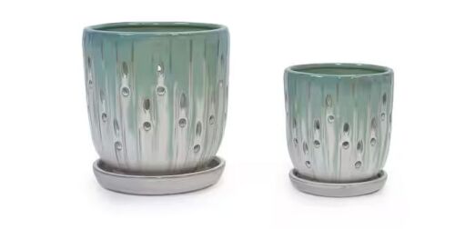 Tunearary Set of 2 Green and White Ceramic Planters with Drainage Trays-8 in. and 6 in.