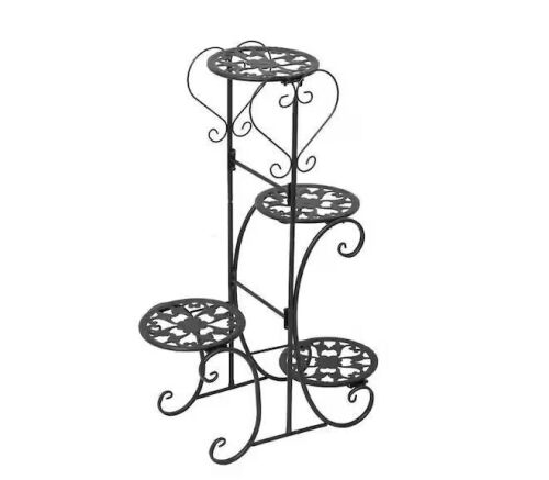 32.3 in. Tall Indoor/Outdoor Black Metal Plant Stand (4-Tiered)