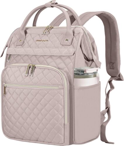 EMPSIGN 17 Inch Laptop Backpack for Women, Work Business Travel Computer College Bags, Large Capacity Water-repellent Quilted Casual Daypack with USB Port, Dusty Pink