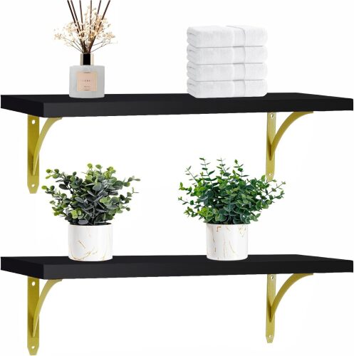 Black and Gold Floating Shelves 16 in - 0.71in Thick Engineered Wood with Solid Pine Core,Heavy Duty Water-Resistant Black and Gold Shelves for Bathroom, Bedroom Set of 2