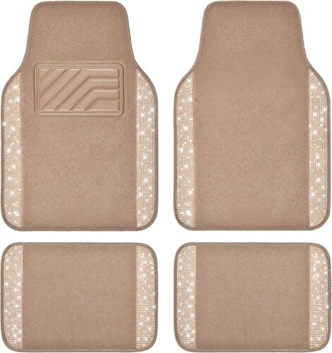 CAR PASS Bling Car Mats Set of 4 Shiny Rhinestone and Non-Slip PVC Heel Pad Universal Fit for Car SUV Sedan Car Van Girls Women Beige