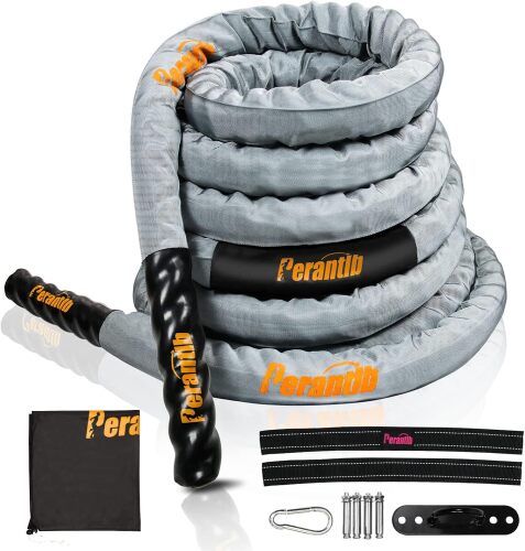 Perantlb Poly Battle Rope with Cloth Sleeve - Gym Muscle Toning Metabolic Workout Fitness, Battle Ropes for Home Gym