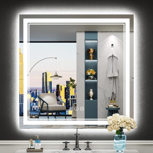 36x36 LED Bathroom Mirror with Lights, Backlit and Front Lit Anti-Fog Lighted Vanity Mirrors for Bathroom Wall, Dimmable, 3-Color Light, Memory, Shatter-Proof, HD Tempered Glass