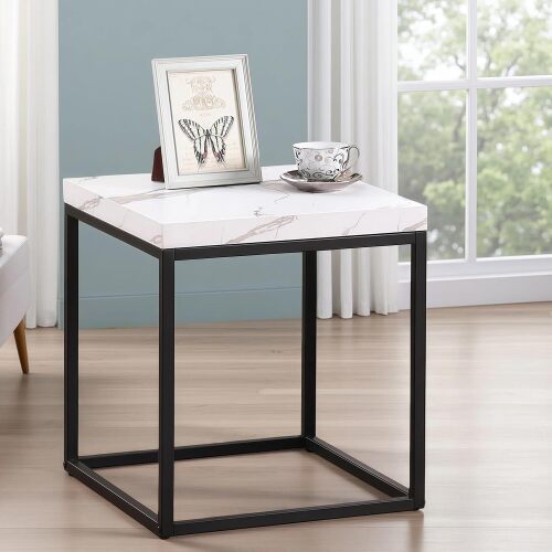 CENSI 18-Inch Marble Accent End Table/Side Table for Living Room, Modern Industrial, Square, Metal and Wood (White Marble)