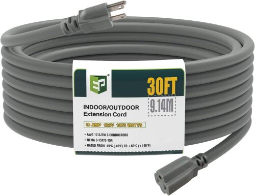 EP 30 Ft Outdoor Extension Cord, 12/3 SJTW Heavy Duty Extension Cable with 3 Prong Grounded Plug, 15 AMP Power Cord for Lawn, Garden, Appliances, Gray