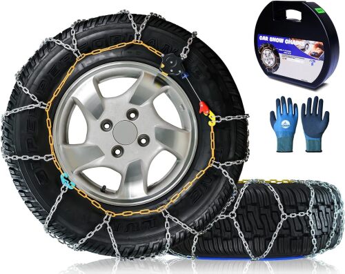 Snow-Chains Auto Fixing 1 Min Quick Fit Easy Installation Tire-Chains, Portable Reusable Universal Emergency Tire Traction Chain for Passenger Car, Pickup Trucks and SUV - Set of 2 (HKN-140)