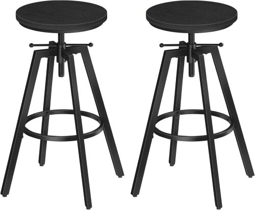 Bar Stools, Round Bar Chairs with Sturdy Metal Frame, Set of 2 Industrial Bar Stools, Height Adjustable, Kitchen Breakfast Stools, for Bar, Dining Room, Black