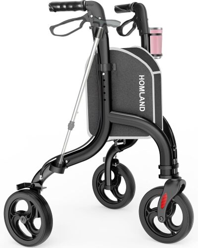 HOMLAND 3 Wheel Walkers for Seniors, Foldable Wheeled Rollator with Cane Hold and Cup Hold, Lightweight Three Wheel Rolling Walker Height Adjustable for Seniors