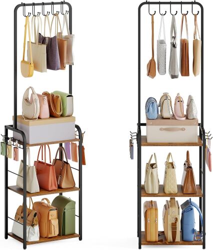 Sturdy Purse Organizer with Thick Wood & Purse Hanger, Floor-Standing Purse Rack Stand for Purse Storage, Narrow & High-Capacity Handbag Organizer, Purse Storage Organizer for Small Place