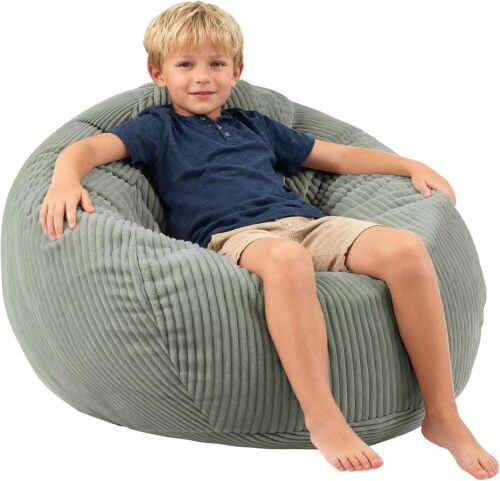 LPMOERA 3FT Bean Bag Chairs for Kids/Teen with Memory Foam Filling Bean Bag Sofa with Soft Corduroy Fabric BeanBag Chair for Living Room Bedroom College Dorm Reading Chair Greyish-Green