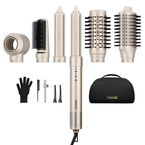 7MAGIC 6 in 1 Multi Hair Styler Dryer Brush, 110,000 RPM High-Speed, Negative Ionic, Fast Drying for Professional Blow Dry, Curling, Volumizing, Straightening and Styling, Gold