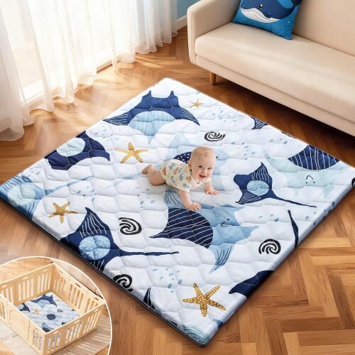 omzer Baby Play Mat, 65x50 Inch Removable & Machine Washable Cover for Easy Clean, 1.2" Thick Elasti-Foam Playpen Mat for Infants Toddlers, Non-Slip Floor Cushion for Safe Crawling - Blue
