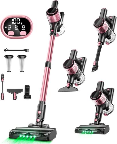 Cordless Vacuum Cleaner, 8 in 1 Vacuum Cleaner for Home with LED Display, 3 Suction Modes, 45mins Runtime Lightweight Stick Vacuum for Home Hardwood Floor, Pet Hair, Carpet (Pink)