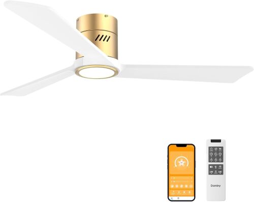 DAMINY Natural Solid Wood White and Gold 52 inch Ceiling Fan with Light,3 Blades,6CCT,Low Profile Ceiling Fan with Light and Remote Control, APP Control,Flush Mount