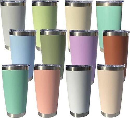 20oz Insulted Tumblers Stainless Steel Cup Tumbler Bulk With Push Lid, And Metal Straw Powder Coated Coffee Cup For Cold And Hot Drinking (12, Assorted Color)