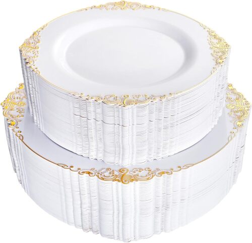 102PCS White and Gold Plastic Plates - Heavy Duty Gold Disposable Plates Include 51PCS 7.5inch Dessert Plates, 51PCS 10.25inch Dinner Plates for Wedding & Parties