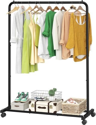 Simple Trending Standard Clothes Clothing Garment Rack with Storage Shelves, Rolling Clothes Organizer on Wheels for Hanging Clothes, Black