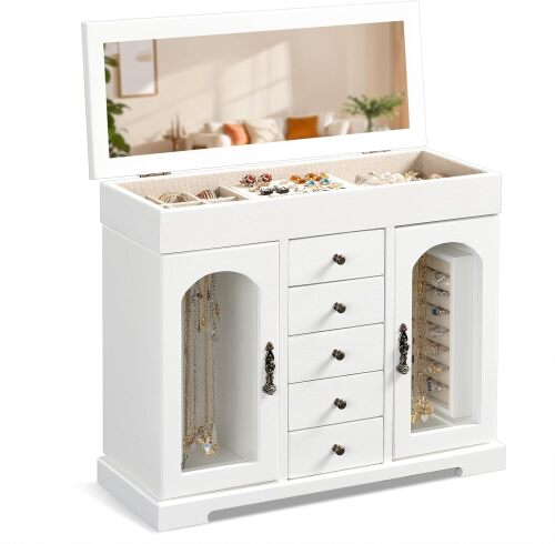 Miratino Jewelry Box for Women Girls, Wooden Jewelry Organizer Box with Mirror, 5 Layer Jewelry Storage Case Display for Necklaces Earrings Rings Bracelets Valentine's Day Gifts