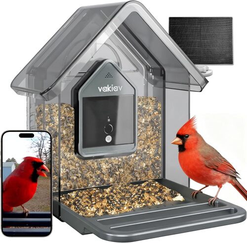 vakiav Smart Bird Feeder with Camera Solar Powered,2K UHD Video Live Stream,Easy Set Up,AI Bird Species Identification, Auto Capture Videos&5MP Photos,Instant Alerts,Gifts for Bird Lovers