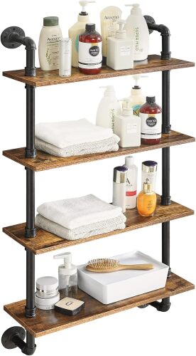 YMYNY Industrial Pipe Shelf Bracket, 4 Tiers Retro Wall Mounted Floating Shelf, Wood DIY Bookshelf, Storage Shelves for Living Room, Bedroom, Office, 24" Farmhouse Bathroom Shelving