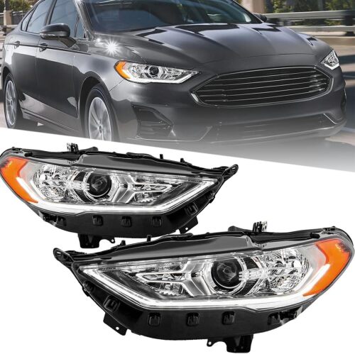 FIONE for Ford Fusion Headlight Assembly 2017-2020 Halogen Projector Headlamp Replacement Chrome Housing Front Lamp Right RH& Left LH