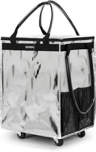 EROBSKJ (Medium, Silver) Reusable Grocery Bag on Wheels, 70L Foldable Rolling Tote, Carries Up to 66 lbs Shopping Trolley, Zipper Clouser Shopping Carts for Trips, Laundry, 4 Heavy Duty Wheels and 3 Handles