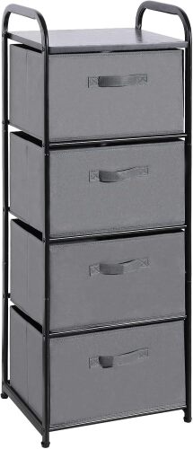 MAX Houser 4 Drawer Fabric Dresser Tall Storage Tower, Dresser Chest with Wood Top, Vertical Nightstand Side Organizer Unit with Metal Frame for Closets Bedroom Nursery Room Hallway(Leaden) - Lot 8897