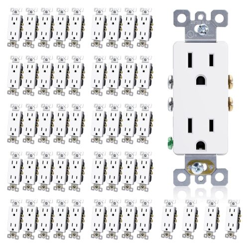 ELEGRP Decorator Receptacle, 15A 125V Standard Electrical Wall Outlet, 2 Pole 3 Wire, No-Tamper Resistant, NEMA 5-15R, Self-Grounding Residential Grade Outlet, UL (Glossy White, 50 Pack) - Lot 8906