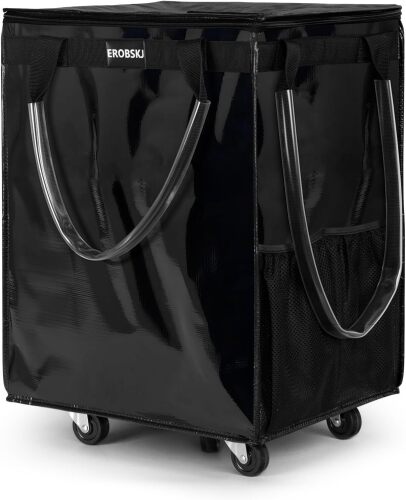 EROBSKJ (Large,Black) Reusable Grocery Bag on Wheels, Foldable Rolling Tote, Carries Up to 76 lbs Shopping Trolley, Zipper Clouser Shopping Carts for Trips, Laundry, 5 Heavy Duty Wheels and 3 Handles - Lot 8972