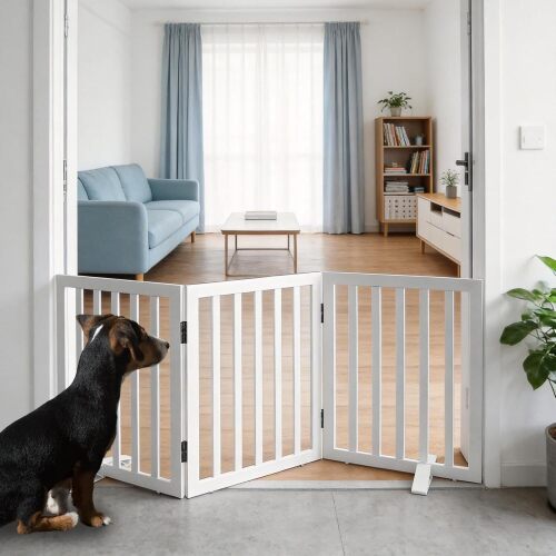 ZJSF Freestanding Indoor Dog Gate for House Foldable Wood White Puppy Gate for Doorways Pet Gate for Stairs Extra Wide Pet Fence 24" Height 3 Panels - Lot 8978