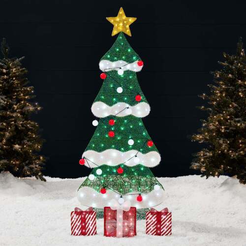 6ft Lighted 2D Christmas Tree Outdoor Decor w/ 170 LED Lights, 3 Gift Boxes - Lot 10113