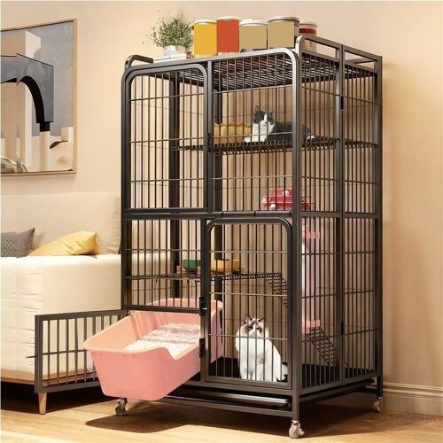 Multi-Tier Foldable Cat Cage, Heavy-Duty Metal Wire Cats Crate with Secure Lock, Escape-Proof Indoor Cat Playpen with 360° Wheels, Large Ferret Playpen for Adult Cats Kitten(Black,Large)