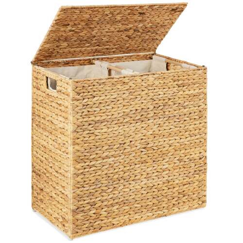 Large Water Hyacinth Double Laundry Hamper Basket w/ 2 Liner Bags - Lot 7622