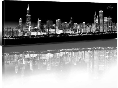 Chicago Skyline Wall Art Black and White Minimalist USA City Wall Decor Downtown Night Scene Canvas Prints Modern Cityscape Painting Building Skyscraper Panoramic Artwork Mens Office Decoration 14x48"