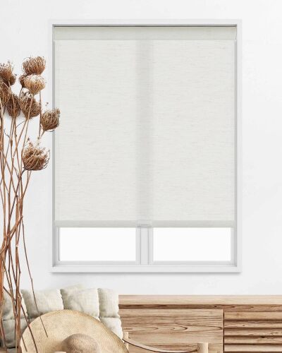 Persilux Free-Stop Cordless Blinds for Windows - Natural Woven Linen Fabric Light Filtering Roller Shades with UV Protection and Privacy - Patio (22" W x 64" H, Linen Cream)