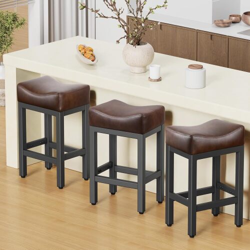 Raynesys Counter Height Bar Stools Set of 3, 24 Inch Barstools for Kitchen Island Counter, Bonded Leather Kitchen Stools with Thick Saddle Seats & Heavy Duty Metal Base, Easy Assembly, Brown/Black