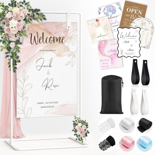 Wedding Welcome Sign Stand, Welcome to Our Wedding Sign Holder for Seating Charts & Poster, Black Metal Easel Stand with Design Bundle and Hanging Straps for Wedding Baby Shower Birthday Decor