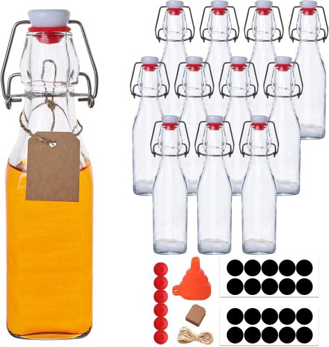 UrSpeedtekLive 12 Pack 8.5oz Swing Top Glass Bottles, 250ML Square Bottles with Airtight Stoppers for Kombucha, Kefir, Vanilla Extract, Beer(Bonus Gaskets, Labels and Funnel)