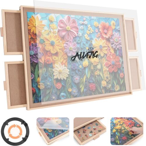 ALL4JIG 2000 Piece Rotating Puzzle Board with 4 Drawers and Cover, 28.5"x40.1"Portable Wooden Jigsaw Puzzle Table for Adults Portable, Lazy Susan