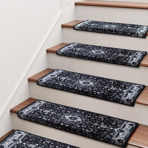 Brakki Bullnose Stair Treads for Wooden Steps, Non Slip Stair Carpet for Indoor Runner and Pets, Soft Edging Staircase Protectors Reusable, Washable, 29.5"x9.5"x1.5" 7pcs, Black