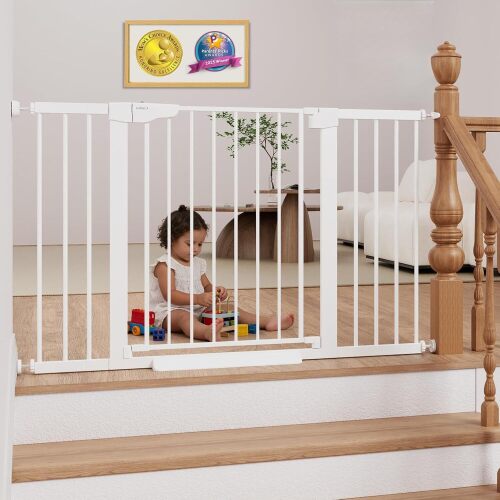Cumbor 29.7–51.5" Extra Wide Baby Gate for Stairs, Pressure-Mounted Dog Gates for Doorways & Hallways, Auto-Close Walk-Through, No-Trip Design, Child Proof Safety, Dog/Pet Gate for Indoor Use, White
