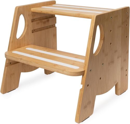 Wooden Two-Step Stool, Adjustable Height, 300 lb Capacity, Natural Bamboo Color
