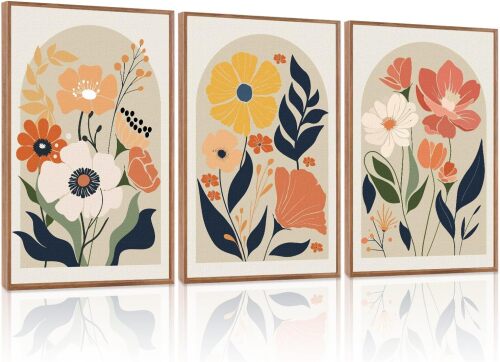 KAIRNE Boho Canvas Wall Art,Abstract Floral Wall Decor,Modern Minimalist Prints Set of 3(24”X36”),Botanical Wall Art Paintings,Bohemian Mid Century Artwork for Living Room Bedroom Office Decor,Framed