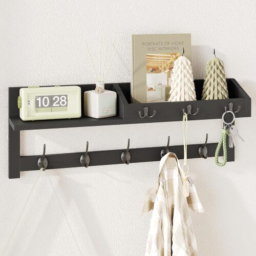 AMBIRD Wall Hooks with Shelf, 26.57 Inch Entryway Wood Coat Hooks for Wall, Coat Rack Wall Mount Rack with 5 Dual Hooks 3 Key Hooks Mail Organizer and Key Rack Key Holder (Black)