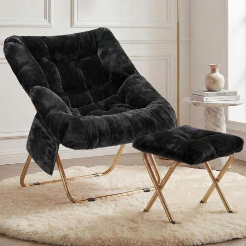 Comfy Saucer Chair for Adults, Foldable Living Room Chairs, Soft Faux Fur Lounge Chair for Bedroom, Reading Chairs, X-Large (Ottoman-Black)