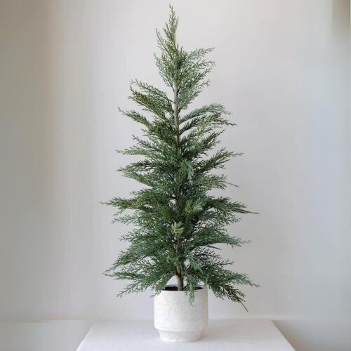 CG Hunter Holiday Collection, Set-of-1 Faux Evergreen Cedar Trees, Premium Artificial Indoor Cedar Tree Stands 36" Tall in Creme Pot