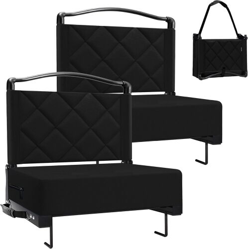 Stadium Seats with Back Support Cushion, Folding Stadium Seats for Bleachers Hold up 400lbs, Wide Bleacher Seat with Shoulder Strap & Handle Comfort for Sports Events (Black, 2pcs)