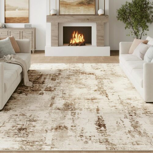 FMFUNCTEX 8x10 Washable Area Rug Brown Beige Neutral Abstract Modern Large Non Slip Carpet for Living Room Bedroom Soft Low Pile Indoor Mat Contemporary Throw Rug for Dining Kitchen Office Nursery