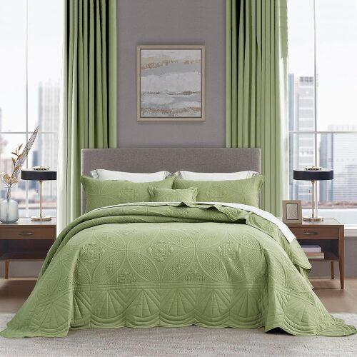 Bedding Cover - Modern & Contemporary Coverlet Set, Real Stitching, Reversible, Lightweight, 5 Piece, Sage Green