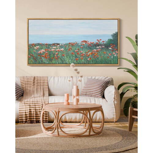 Large 20x40in Natural Framed Coastal Red Wildflower Field Vintage Wall Art Prints Classic Retro Farmhouse Landscape Rustic Decorations for Living Room Bedroom